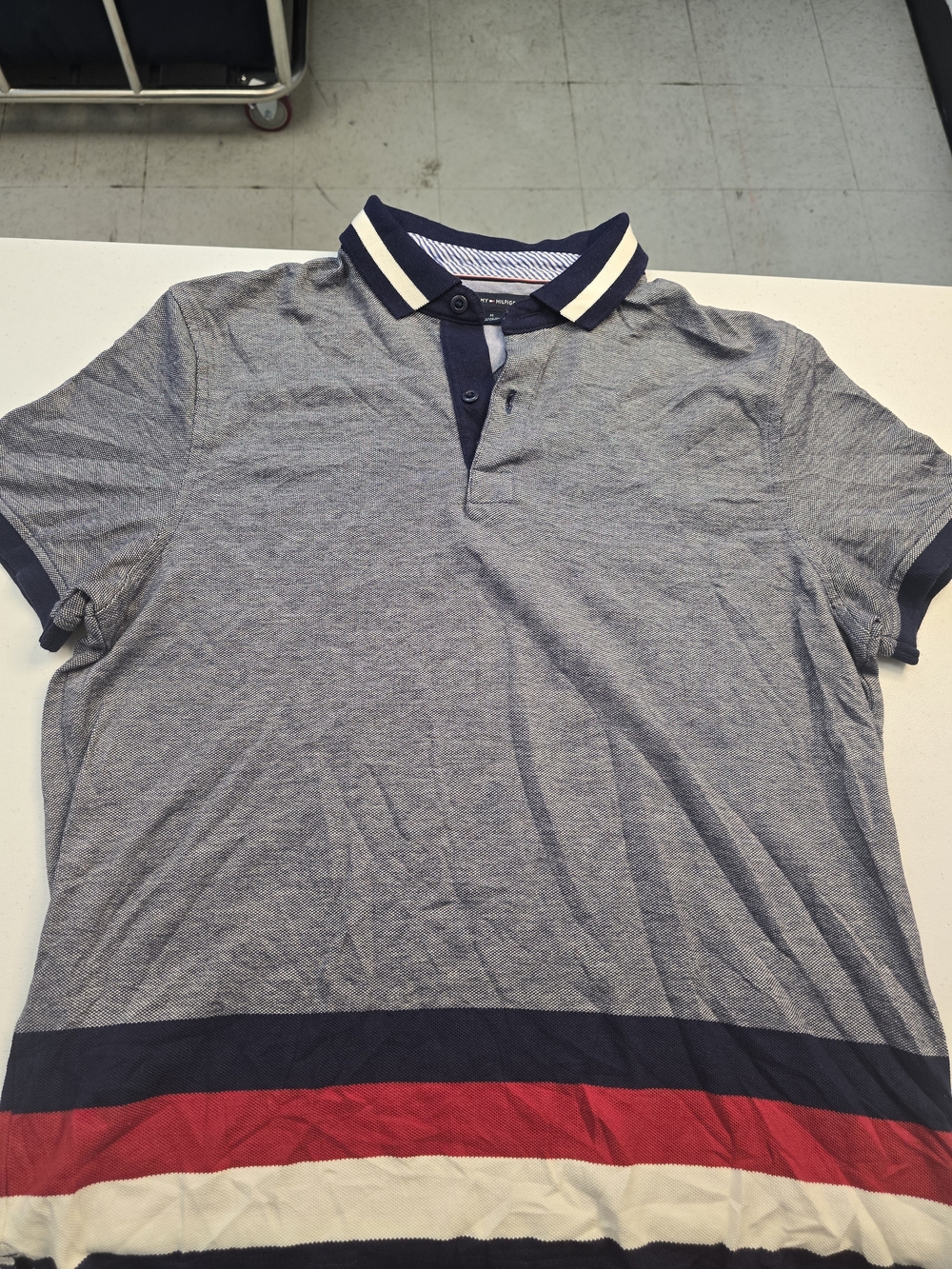 Tommy Hilfiger Navy and Grey Polo with Red and Cream Stripes